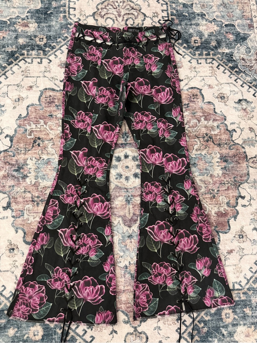 Current Mood Black and Pink Floral Lace-Up Flared  Bottoms